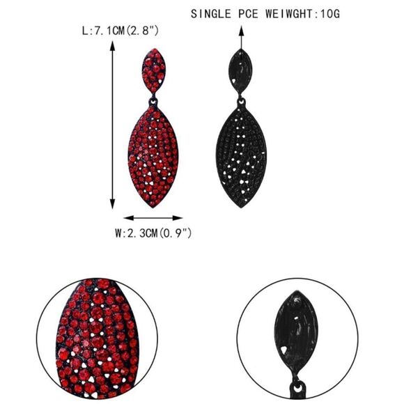 Carbon Black with Ruby Red Crystal Double Leaf Chandelier Post Back Earrings - Picture 4 of 4